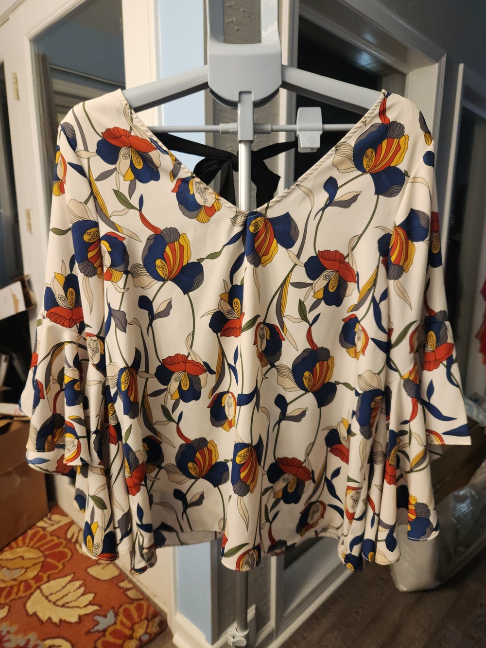 Green Envelope Ivory Floral V-Neck Bell Sleeve Blouse
